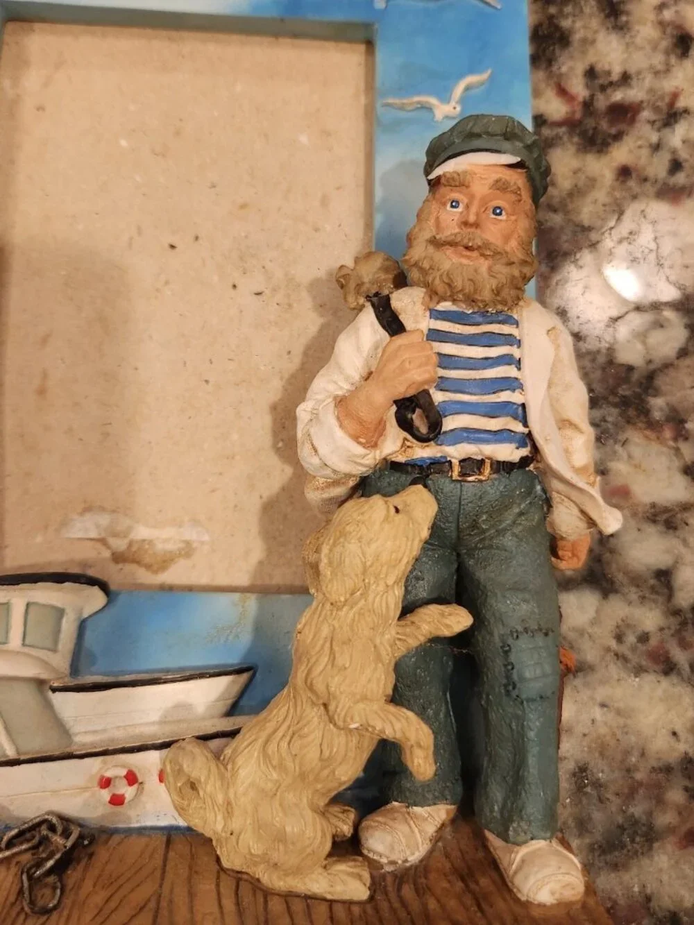 Vintage 3D Fisherman & His Dog Picture Desk Frame for 5